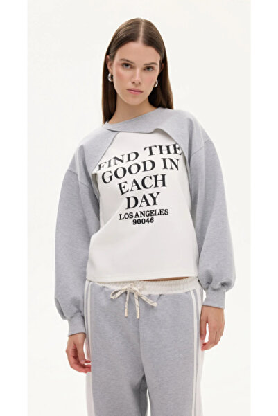 Quzu Kadın Match Detaylı Baskılı Bisiklet Yaka Sweatshirt Gri