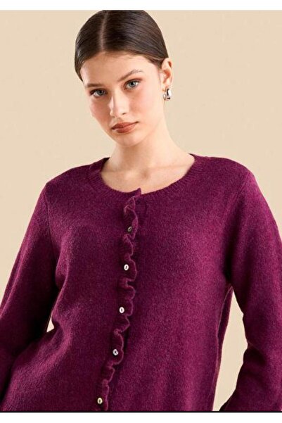 Cockatoo Ruffle Detailed Long Sleeve Crew Neck Knitwear Cardigan