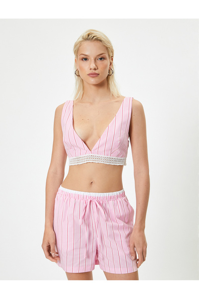 Koton Deep V-Neck Bustier Striped Lace Detailed Slim Fit