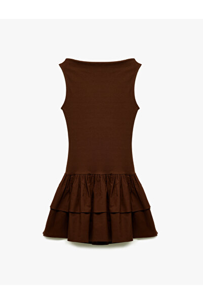 Koton Памучна мини рокля с набори, прилепваща кройка, лодка деколте и без ръкави