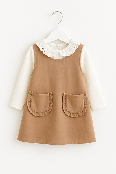 ÖZNUR “Kız Çocuk Fırfırlı Cepli Taba Elbise Takımı”