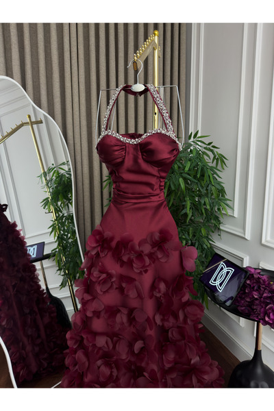 Generic Luxury Mikado evening gown with hand embroidery - 3D roses - mermaid design in royal burgundy