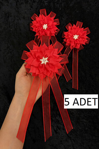 Leyli Kına Büyük Çiçekli ve Broşlu 5 ADET KIRMIZI Bohça Çiçeği Bohça Süsü Niş...