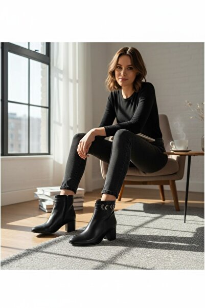 VeliKundura Denora Black Heelled Almond Toe Silver Buckle Women's Boots