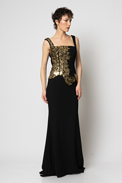 RENGIN Kare yaka metal işlemeli krep abiye elbise