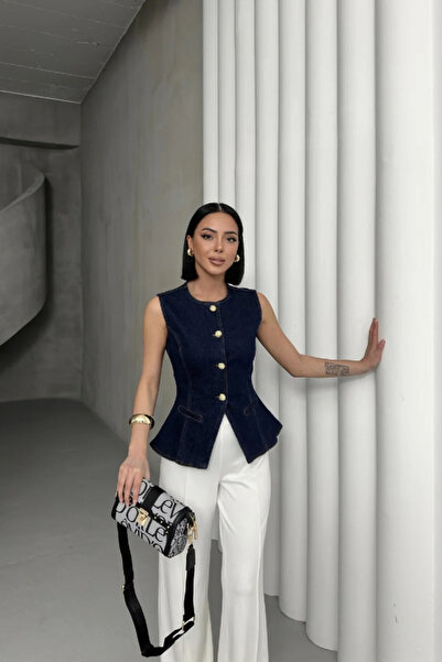 Coşkun GİYİM Women's Buttoned Waistcoat with Waist Adjustment Dark Blue 6086-17