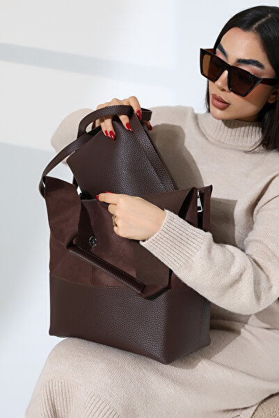 Moda Lime Kadın Kahve Süet Ekstra Mini Çantalı Yandan Askılı Ve Kulplu Detaylı İç Bölmeli Kol Ve Omuz Çantası