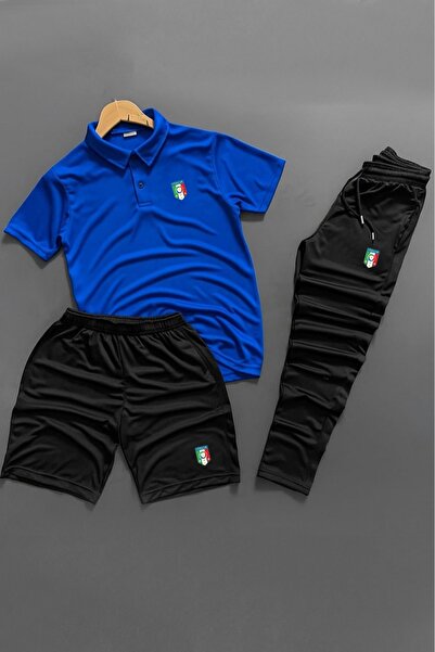 NOFLEN Polo Yaka Italy Printed 3-Piece Shorts and Sweatpants Set