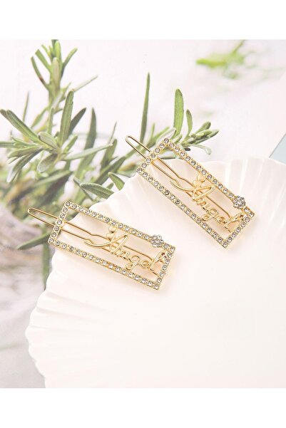 REBORN DESIGN مشبك جانبي معدني ذهبي اللون بتصميم مستطيل مع حجر الزركون المكتو...