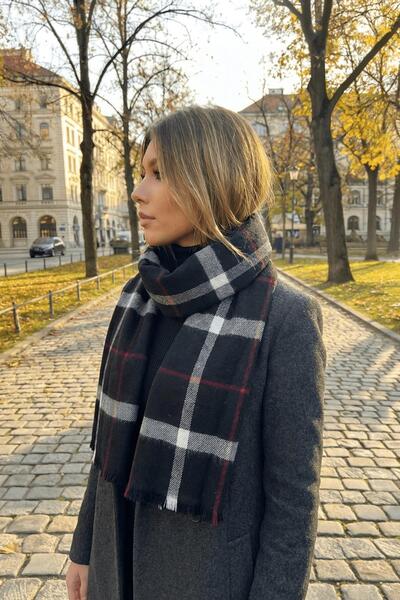 AFVENTE Χειμερινό καρό μοτίβο μαύρο κασκόλ σάλι