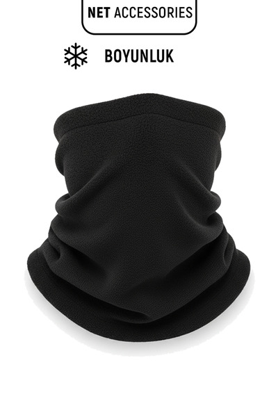 Net Tekstil Four-Piece Black Men's Fleece Set Gloves Neck Gaiter Beanie Ear Warmer Thermal