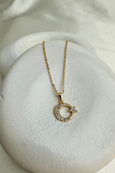 Modex Thin Chain Stone Embroidered Moon Star Necklace (40+5cm)