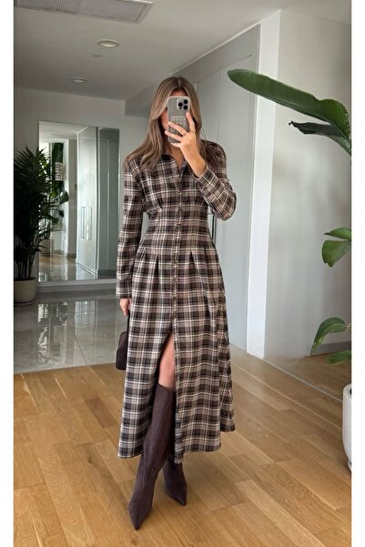 FEMMESTUDIO Kadın Kahverengi Belden Oturtmalı Ekoseli Elbise