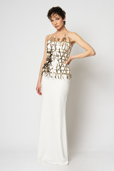 RENGIN Büstiyeri çapraz örgü deri biyeli krep etekli ikili abiye takım