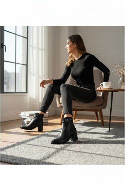 VeliKundura Denora Black Heelled Almond Toe Silver Buckle Women's Boots