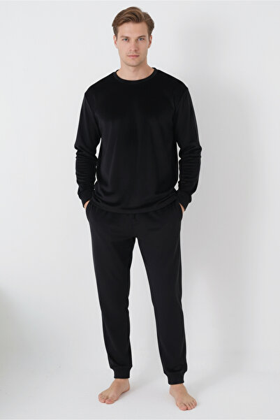 DOFİ Men's Winter Long Sleeve Super Soft Pajama Set – Black, Crew Neck, Cuffed