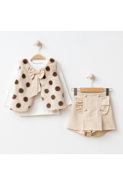 My Lusa baby wear Banu's Polka Dot Bow Plush Vest & Knitwear and Shorts Set - (Ages 2-5)
