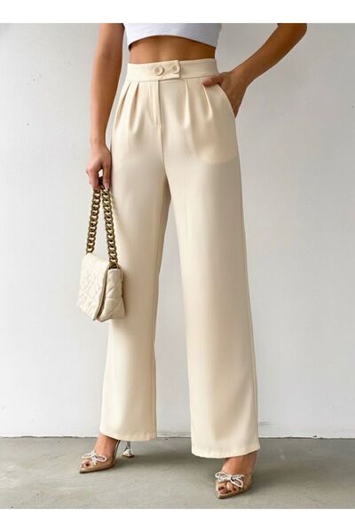 HA-KA GİYİM Women's Palazzo Pants Imported Fabric Polyviscose Pleated 2 Buttons High Quality Product Does Not Fade