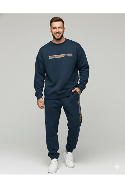 NİCE Three Thread Compact Inside Cotton Future B Printed Sports Men's O Oversized Hoodie Premium Tracksuit Set