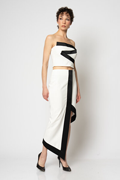 RENGIN Saten bantlı asimetrik etek büstiyer krep ikili abiye takım