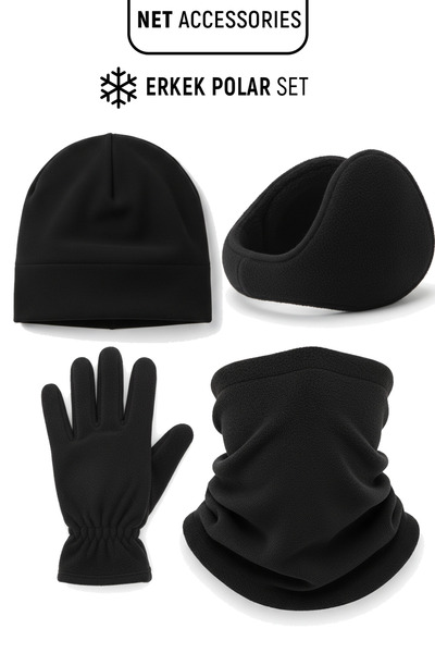 Net Tekstil Four-Piece Black Men's Fleece Set Gloves Neck Gaiter Beanie Ear Warmer Thermal