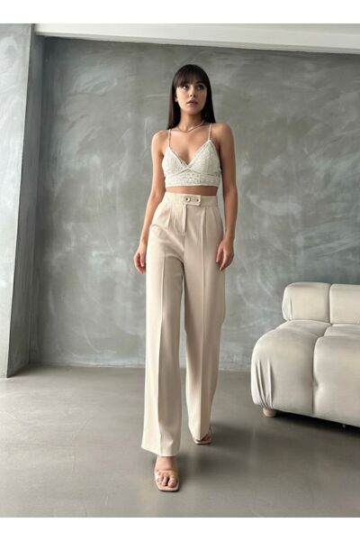 HA-KA GİYİM Women's Palazzo Pants Imported Fabric Polyviscose Pleated 2 Buttons High Quality Product Does Not Fade