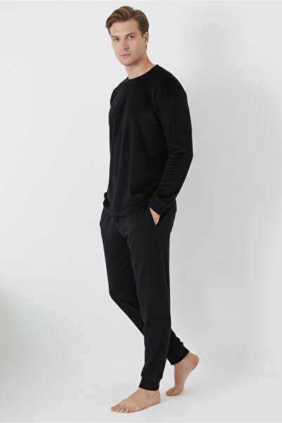 DOFİ Men's Winter Long Sleeve Super Soft Pajama Set – Black, Crew Neck, Cuffed