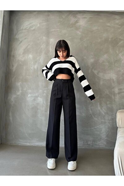 JACK CAPRİO Kadın Palazzo Kalıp İthal Kumaş Poliviskon Pileli 2 Düğmeli Yükse...