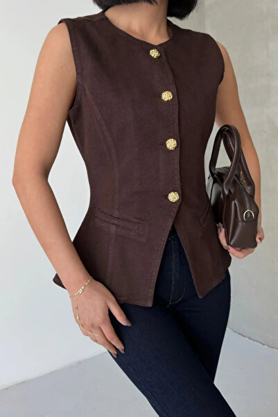 Coşkun GİYİM Women's Buttoned Waistcoat with Waist Adjustment Brown 6086-78