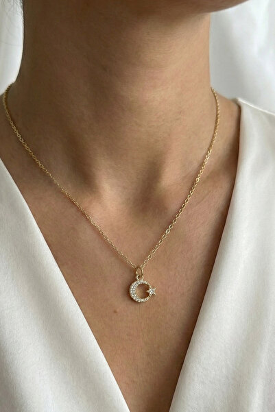Modex Thin Chain Stone Embroidered Moon Star Necklace (40+5cm)