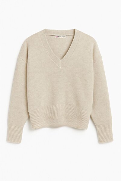 Mixray 6996 Women's V-Neck Soft Knit Sweater Stone Marn