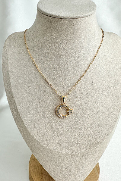 Modex Thin Chain Stone Embroidered Moon Star Necklace (40+5cm)