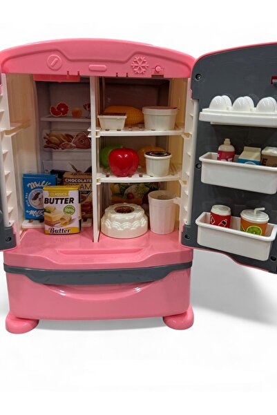 cayenna Oyuncak Çift Açılır Kapak Dokunmatik Ekranlı Buzdolabı 12 Parça Aksesuarlı Sesli Müzikli Set Pembe