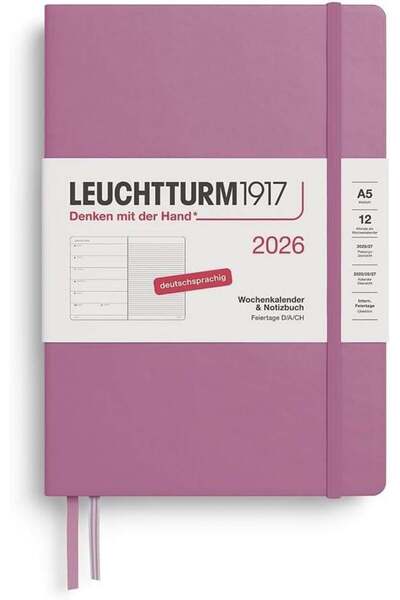 Leuchtturm1917 Orta Boy (A5) 12 Aylık Ajanda ve Not Defteri (Çizgili) 2026 Se...