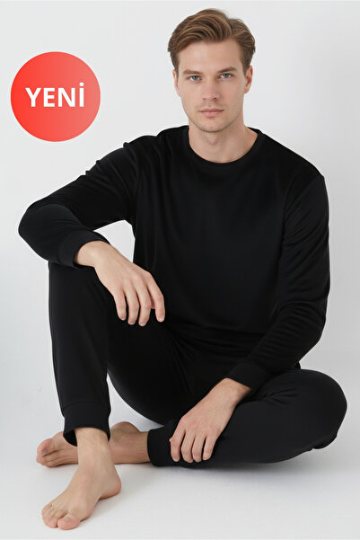 DOFİ Men's Winter Long Sleeve Super Soft Pajama Set – Black, Crew Neck, Cuffed