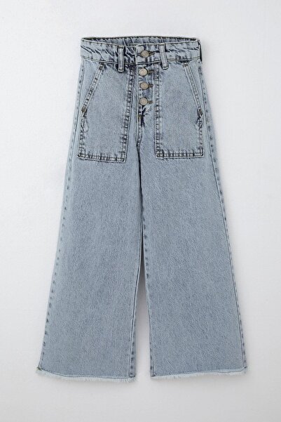 Breeze Pantaloni de blugi pentru fete, cu picioare largi, cu nasturi, cu detaliu cu ciucuri, 5-9 ani, albastru deschis