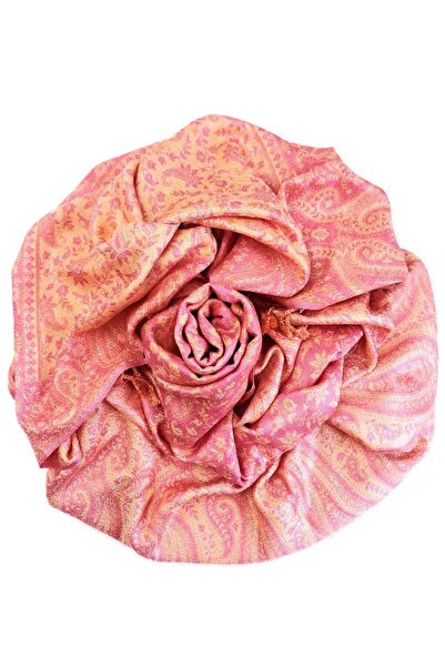 Cara Coral pink reversible cashmere scarf Paisley oriental floral India