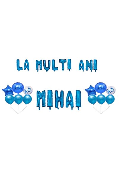 OEM Σετ μπαλονιών «Happy Birthday Mihai», διακοσμητικό για τούρτα, μπλε, 35 τεμ.