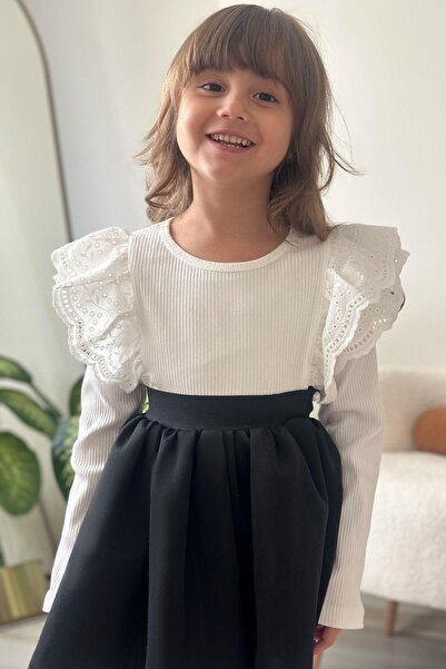 Breeze Μακρυμάνικο μπλουζάκι για κορίτσια με λουλουδάτο κέντημα στους ώμους και λεπτομέρεια από γκουίπορ, ηλικία 3-7 ετών, εκρού