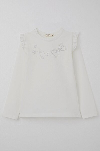 Breeze Μακρυμάνικο μπλουζάκι για κορίτσια με λαμπερή λεπτομέρεια από πέτρα 4-10 ετών, εκρού