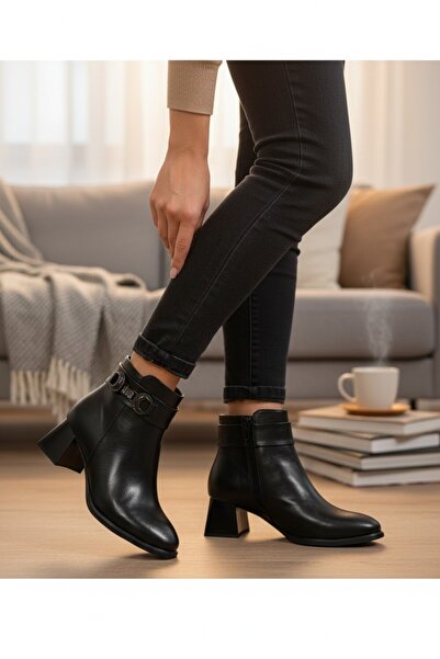 VeliKundura Le_Guzzi̇ Women's Black Zippered Buckle Square Heel Boots