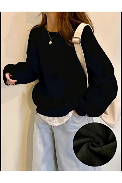 SELENA BUTİK Unisex Crew Neck Plain Black Sweatshirt