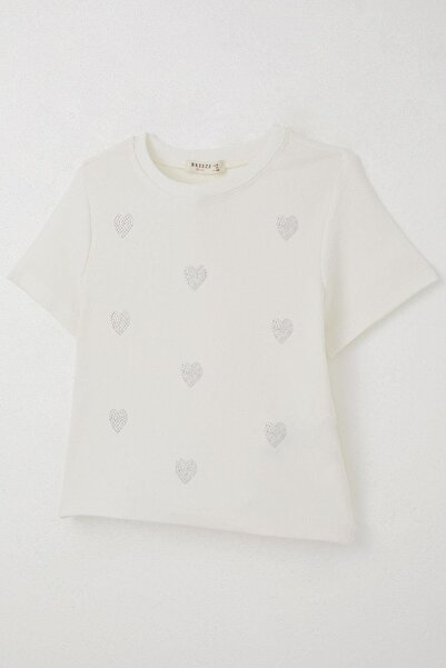 Breeze Girl's T-Shirt with Stone Heart Pattern, Ages 9-14, Ecru