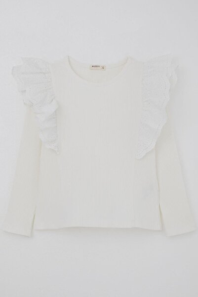 Breeze Μακρυμάνικο μπλουζάκι για κορίτσια με λεπτομέρεια από γκουπέρ στον ώμο και κέντημα λουλουδιών, ηλικία 8-12 ετών, εκρού