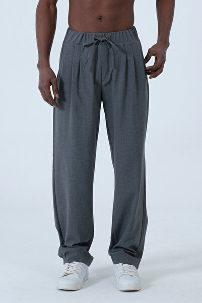 RELAXL Loose Fit Pleated Dark Gray Baggy Fabric Pants with Elastic Waist