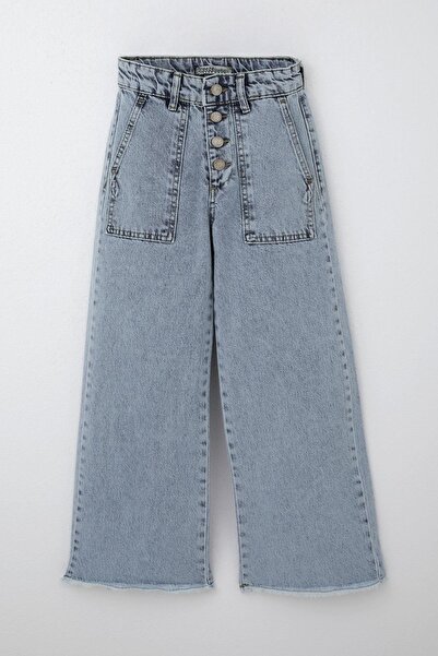 Breeze Pantaloni de blugi pentru fete, cu picioare largi, cu nasturi, cu detaliu cu ciucuri, 10-14 ani, albastru deschis