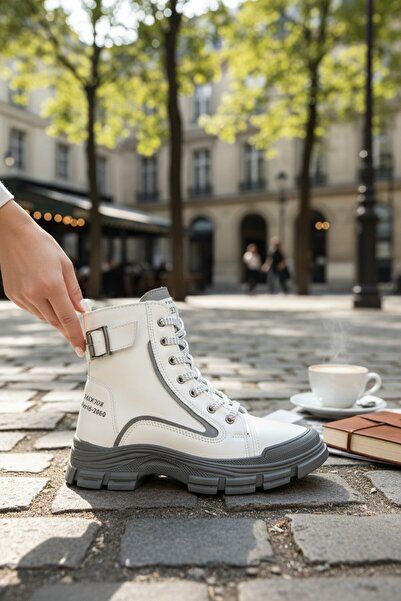 VeliKundura Conpax 5432 White & Smoked Lace-Up & Zippered Belt Boots