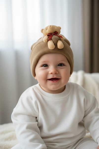 gigigiyim Unisex Baby Beanie with Furry Teddy Bear Detail