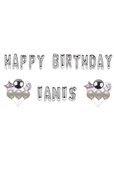 OEM Комплект балони "Честит рожден ден, Янис", Украса за торта, Сребърни, 35 бр.