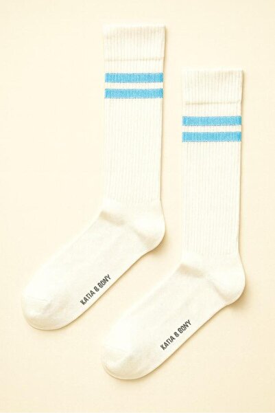 BONY SOCKS Unisex Stripe Patterned Ribbed Socks Light Blue